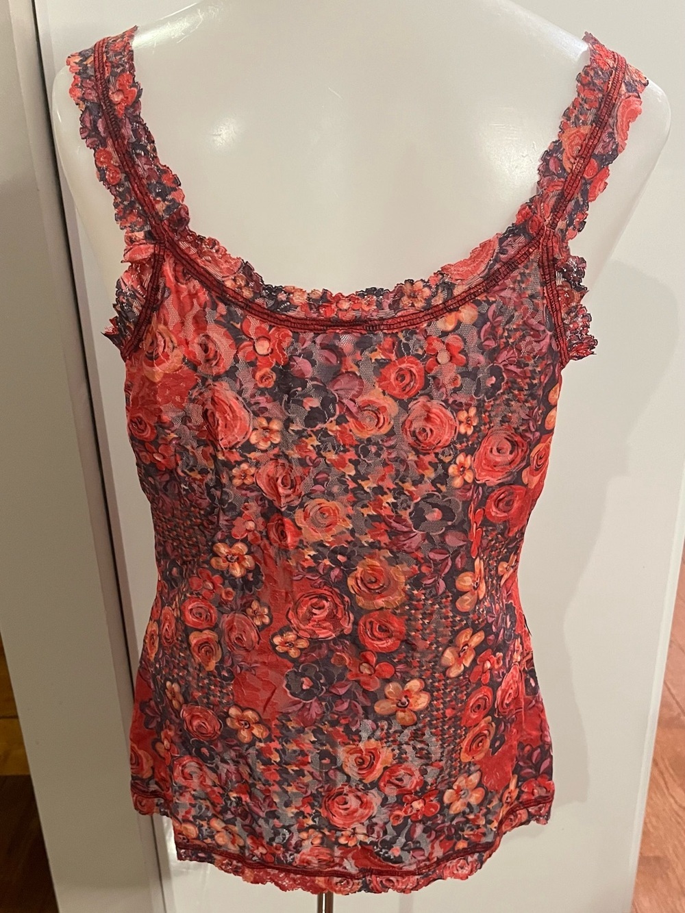 Hanky Panky Red Floral Lace Trim Sheer Camisole size L - Picture 2 of 7